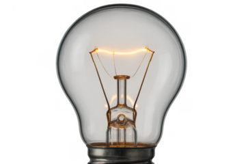 Glowing incandescent light bulb illuminating with an idea, energy, and innovation concept on transparent background