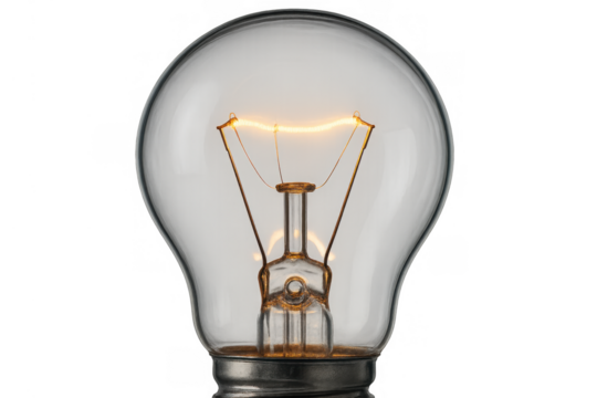 Glowing incandescent light bulb illuminating with an idea, energy, and innovation concept on transparent background