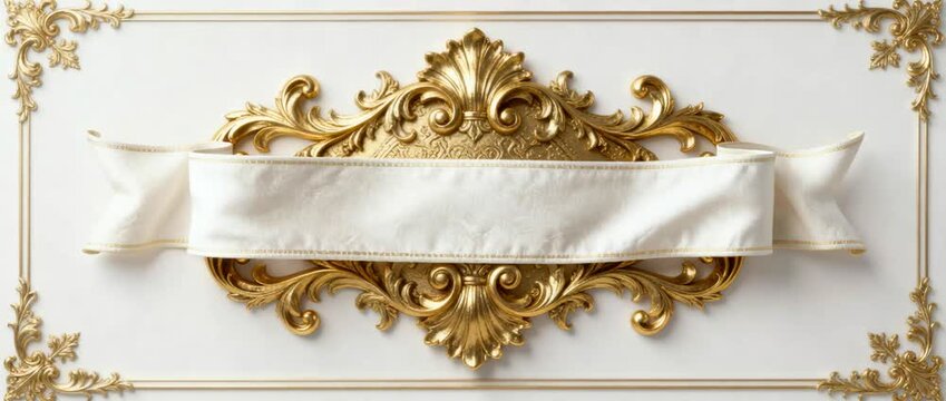 Looping Animation Showcasing A Magnificent, Intricately Carved Golden Baroque Centerpiece, With A Beautifully Rendered, Textured White Fabric Ribbon Continuously Flowing And Animating Across Its Cente