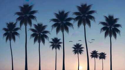 Obraz premium Palm Trees and Birds in Gradient Sky