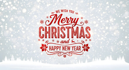 We wish you merry christmas and happy new year greeting with falling snow and silhouette of winter trees in a soft, magical atmosphere