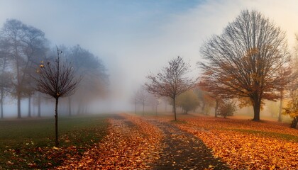 Autumn Landscape Panoramic View Of Foggy Autumn Park In November Fog Mysterious Autumn Landscape With Halloween Atmosphere