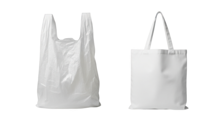 White plastic shopping bag and white fabric tote bag side by side isolated on a transparent background