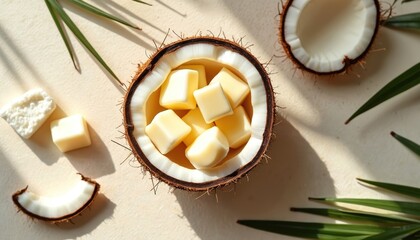 Coconut halves display natural yellow solid cosmetic cubes. Palm leaves add tropical vibe. Shea butter and whole coconuts are arranged for skincare. Smooth texture suggests luxury.