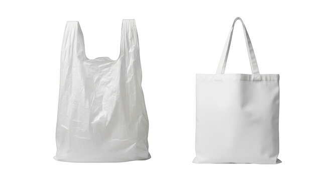 White plastic shopping bag and white fabric tote bag side by side isolated on a transparent background