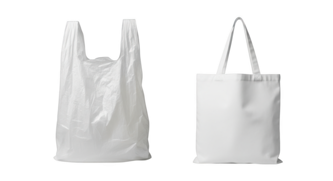 White plastic shopping bag and white fabric tote bag side by side isolated on a transparent background