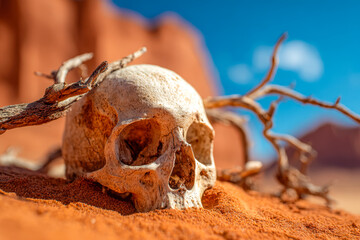 Desert skull with dry branches in a harsh arid landscape