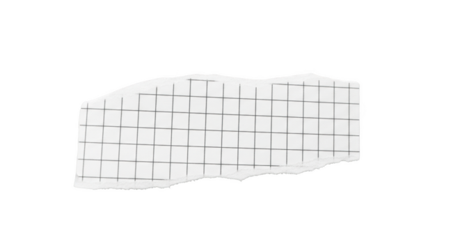 White torn paper fragment with black grid lines isolated on a transparent background ripped piece