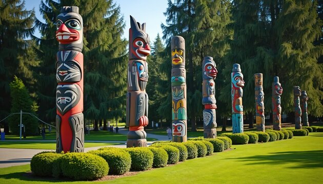 Row of colorful totem poles stand in park with green grass and trees. Traditional indigenous carvings display animal and human faces. Cultural art installation outdoors under sunny sky.