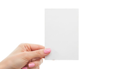 Obraz premium Woman's hand holding a blank white card with pink fingernails isolated on a transparent background image