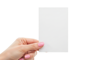 Woman's hand holding a blank white card with pink fingernails isolated on a transparent background image