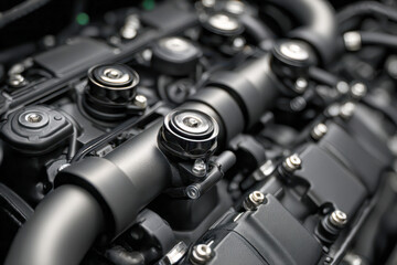 Detailed view of a modern industry-grade engine showcasing intricate mechanical components and metallic textures in a high-performance machine system assembly