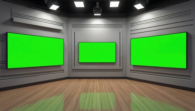 Empty news studio with three green screen monitors on walls. Modern virtual set with wooden floor and spotlights. Ready for broadcast, content creation, digital production.