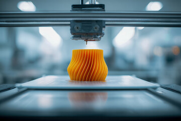 Innovative 3d printing process creating a detailed vibrant orange geometric vase with spiral design in a modern industrial setting