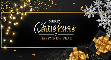 Elegant merry christmas and happy new year greeting with golden lights, snowflakes, and gift boxes on a black background, festive holiday celebration concept