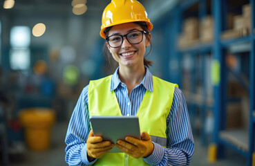 Young woman worker smiles. Wears safety hard hat, vest, glasses, gloves. Holds tablet, managing tasks in modern industrial warehouse. Female engineer logistics specialist works in tech factory