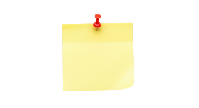 Yellow sticky note with a red pushpin isolated on a transparent background yellow paper thumbtack