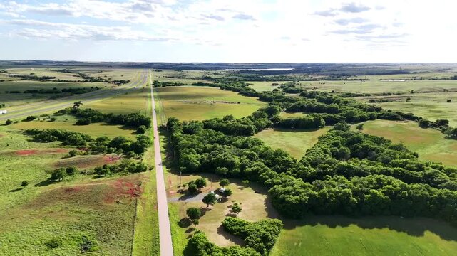 Aerial landscape of plains in rural historic US route 66 Foss Oklahoma Washita County OK