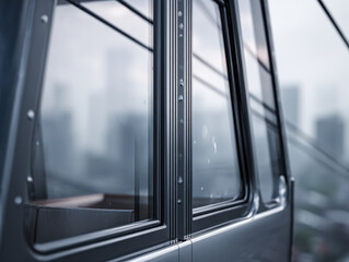 Reflections of a modern metallic structure with angular glass panels and rivets capturing an urban skyline in soft focus on a cloudy day