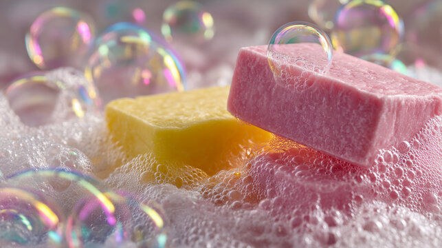 Colorful bars of soap surrounded by foam and floating iridescent bubbles creating a fresh and vibrant cleansing atmosphere in soft lighting