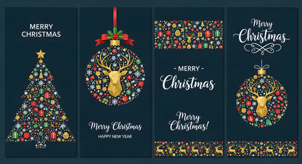 Collection of christmas greeting cards and design elements featuring festive ornaments, trees, and holiday messages