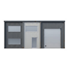 Fototapeta premium Gray corrugated industrial building with a large garage door, smaller door, and windows