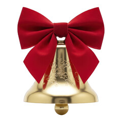 Golden bell with a big red satin bow, featuring subtle etched festive designs