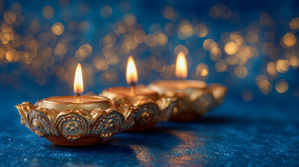 Three ornate gold-toned decorative candle holders with burning flames arranged in a row on a blue textured surface with glowing bokeh lights background