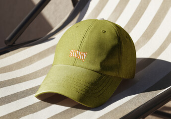 Sunny Baseball Cap on Striped Lounge Chair in Sunlight