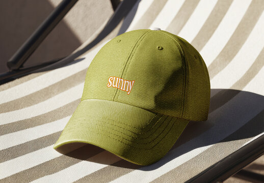 Sunny Baseball Cap on Striped Lounge Chair in Sunlight