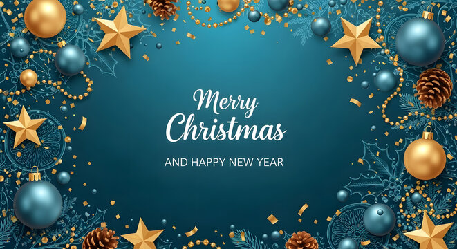 Elegant merry christmas and happy new year greeting with golden stars, pine cones, and teal baubles on a dark teal background with snowflake accents - Powered by Adobe