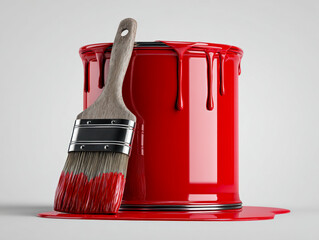 A paintbrush resting against a glossy red paint can with bright red paint dripping and pooling on a smooth white surface in a clean studio setting