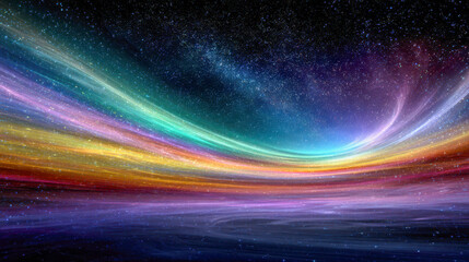 Vibrant multicolored waves of light flow through a star-filled cosmic sky creating a mesmerizing and dynamic celestial landscape with radiant energy trails