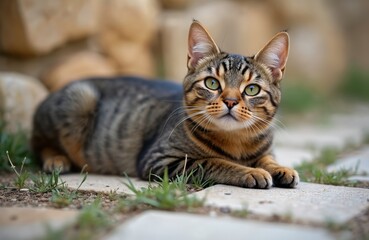 Tabby cat rests outdoors. The animal looks directly. Cat has green eyes. It is lying down on the ground. Domestic pet enjoys calm weather in natural habitat.