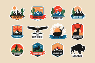 Adventure Badges Set Mountain, Deer, Cactus, Eagle, Bison, Outdoors Vector Illustrations