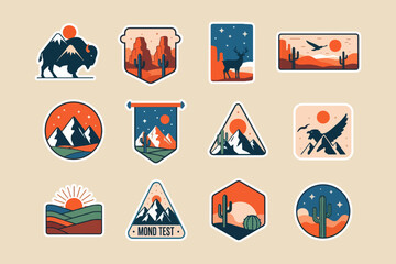Desert  Mountain Badge Stickers Set Vintage Adventure Travel Graphics
