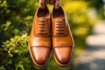 A pair of elegant brown leather dress shoes held by hand with blurred green foliage creating a natural background for classic men?s fashion footwear