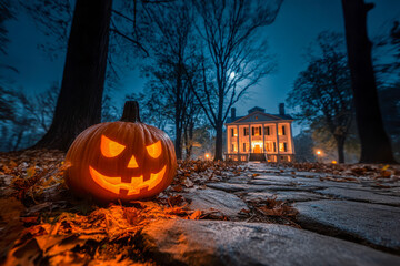 Glowing carved pumpkin with mischievous face on stone path surrounded by autumn leaves leading to an illuminated historic mansion under a dark moonlit sky
