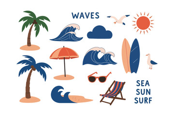Summer Beach Set Waves, Palm Trees, Sun, Surfboards, Vacation Illustrations
