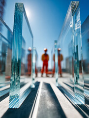 Two industrial workers standing among reflective glass panels under a clear blue sky with strong sunlight casting long shadows on a rooftop or construction site