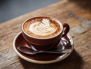 Latte with intricate leaf design served in a brown cup on a rustic wooden table