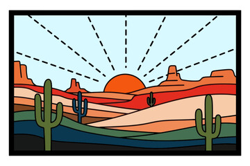Desert Landscape Illustration Sunset, Cacti, Southwestern USA, Vector Art