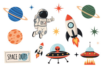 Space Cartoon Set Astronaut, Planets, Rocket, UFO, Space Elements, Vector Illustration