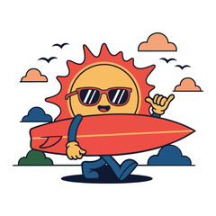 Cartoon Sun Surfing - Summer Vacation, Beach Fun, Surfboard Illustration