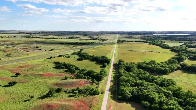 Aerial landscape of plains in rural historic US route 66 Foss Oklahoma Washita County OK