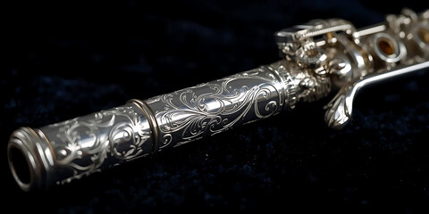 Naklejka premium Elegant Silver Flute Headjoint on Dark Velvet Background