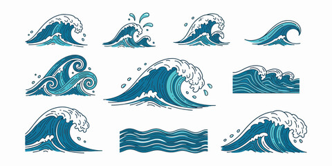 Ocean Waves Illustration Set, Blue Sea, Surfing, Nautical Design Elements