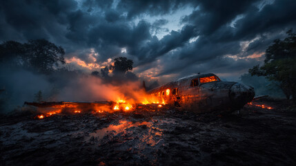 A crashed airplane engulfed in flames under a dramatic stormy sky