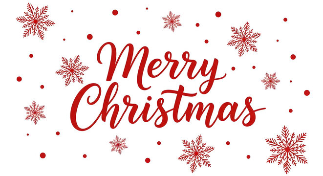 Festive merry christmas text in bold red script, surrounded by delicate red snowflakes and dots on a clean white background, ideal for holiday cards and decorations