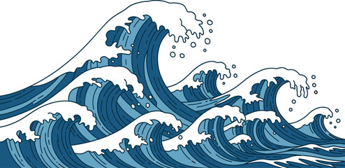 Japanese Wave Art Blue Ocean Waves Illustration, Hokusai Style, Vector Design